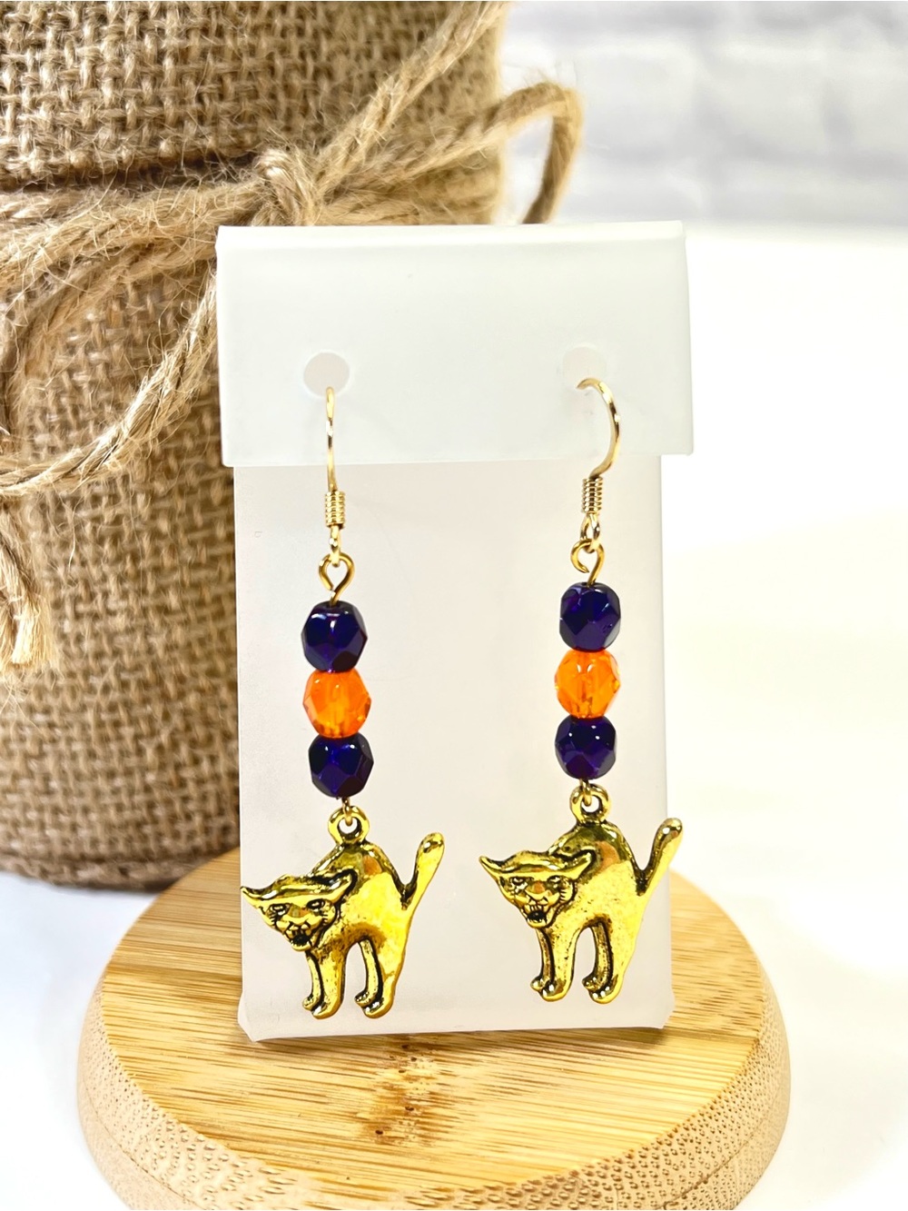 Gold Cat Dangle Earrings with Purple and Orange Beads-NEW